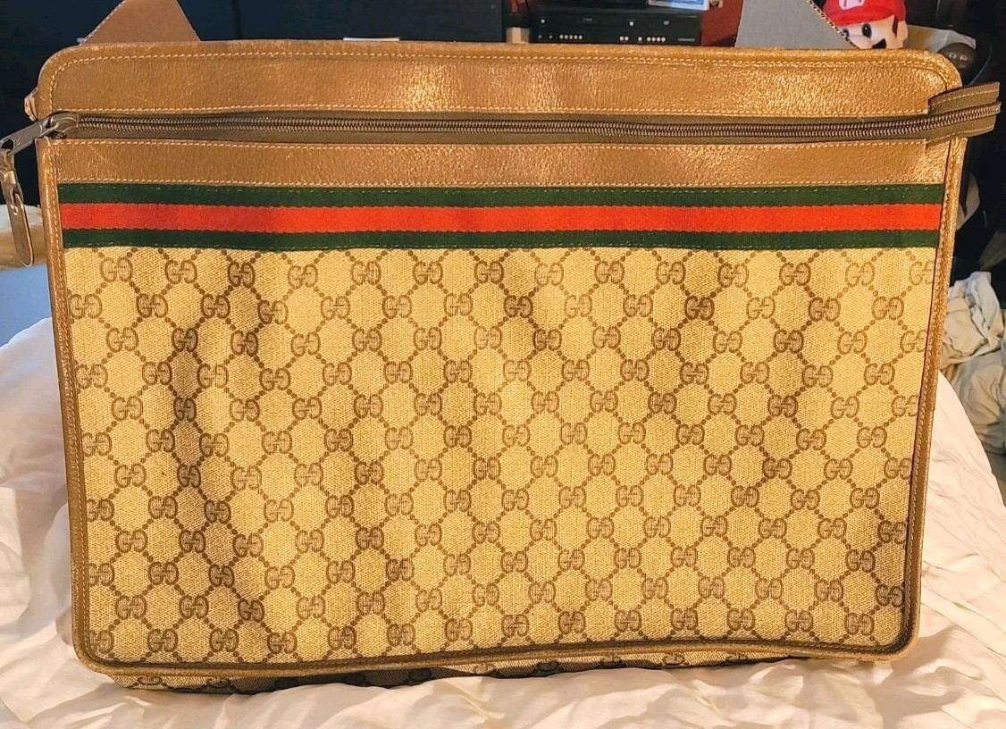 Vntg Gucci GG Supreme Web Stripe Portfolio Clutch Large Document Bag 1980s Italy