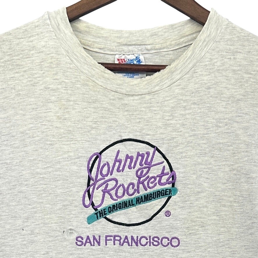 VTG Hanes Beefy-T Johnny Rockets San Francisco Embroidered Tee SZ XL Grey Grunge