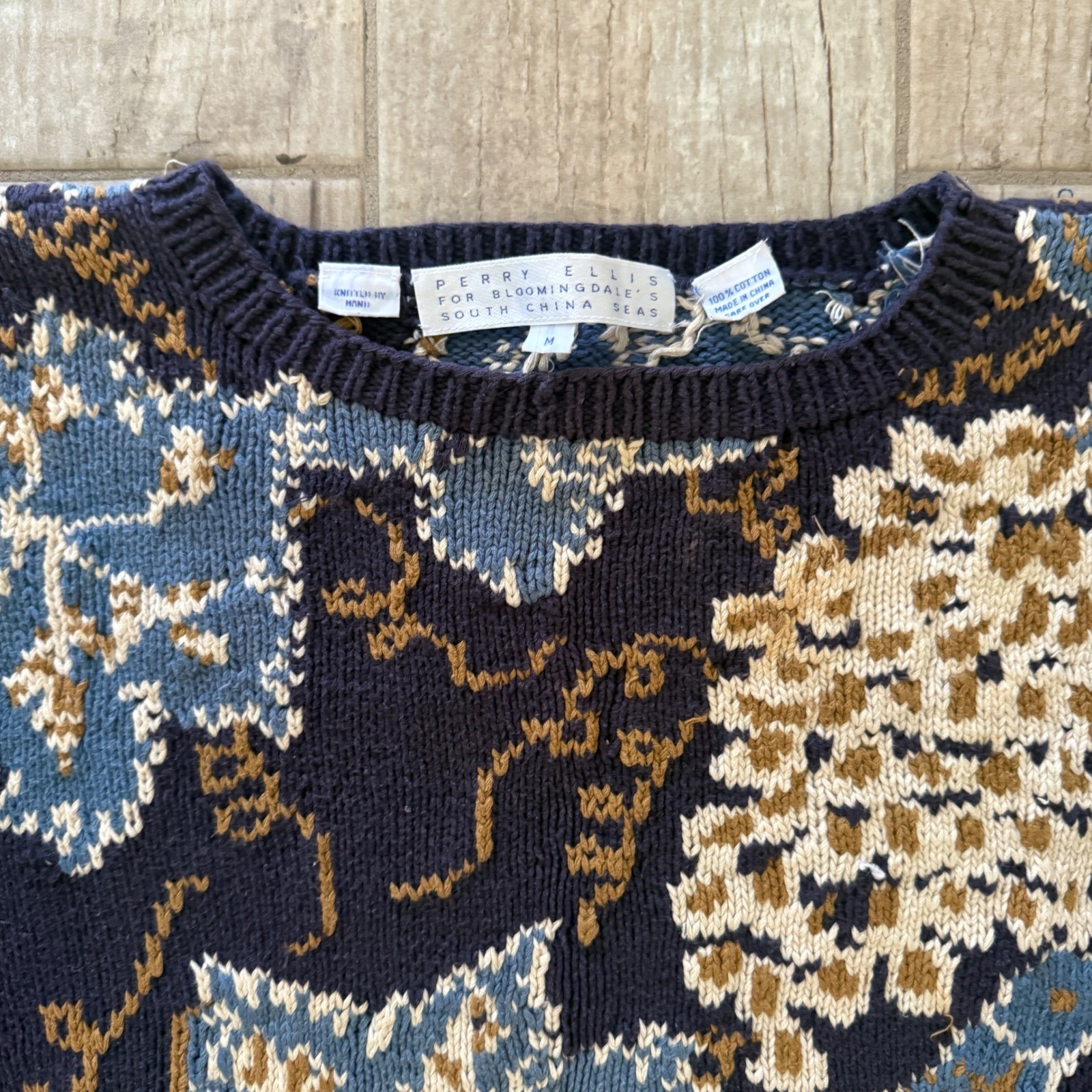 Vintage Perry Ellis Bloomingdales South China Seas Cotton Bird Leaf Sweater M