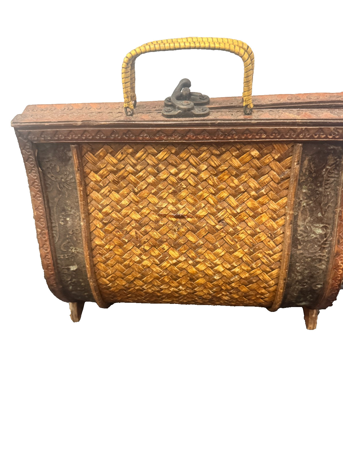 Vintage 60s Woven Wicker Box Purse, Mid Century Boho Top Handle Bag, Carved Wood