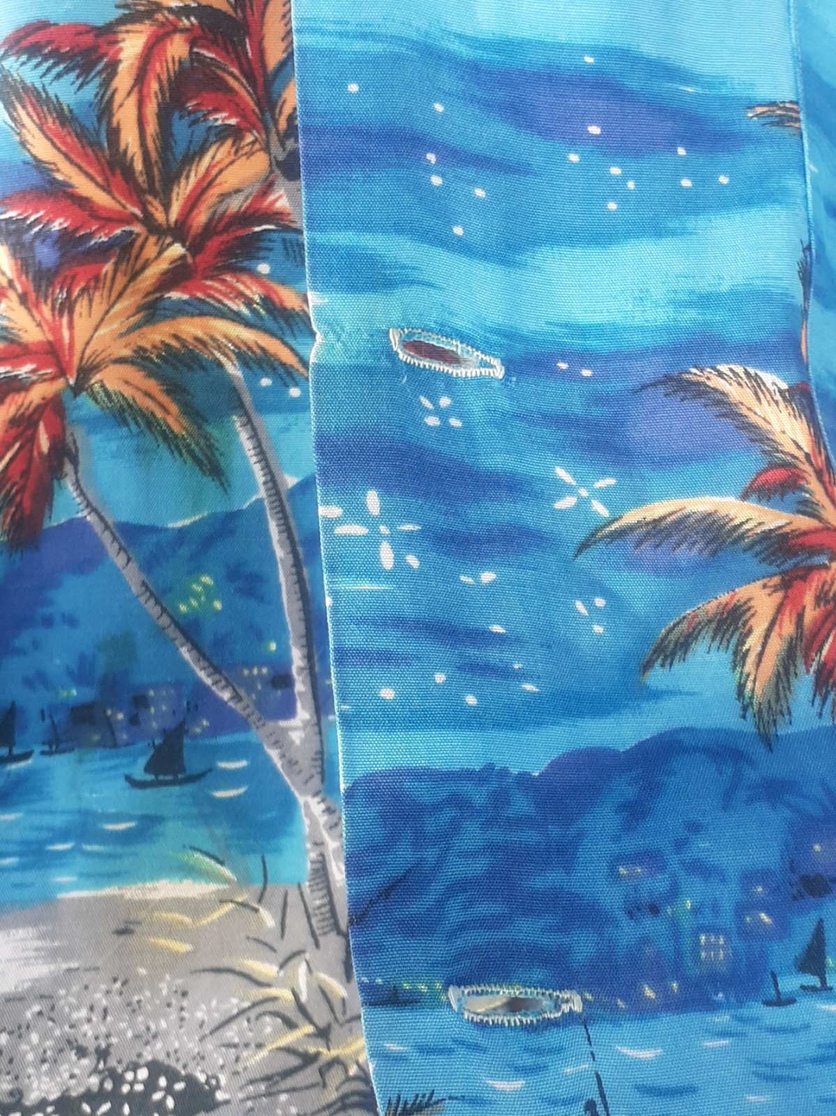Vintage 50’s Hawaiian Men’s Medium Rayon Blue/Red/Gold Long Canoe & Palms Theme