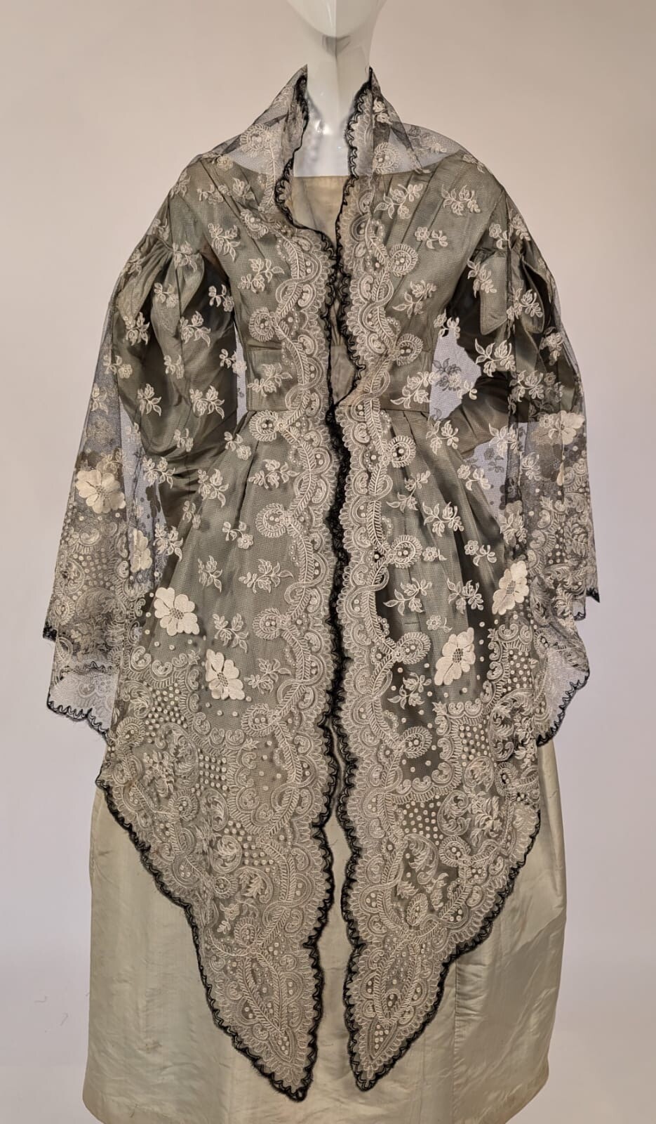 RARE MID 19TH C HAND EMBROIDERED WHITE FLORAL ON BLACK NET SHAWL FOR DRESS