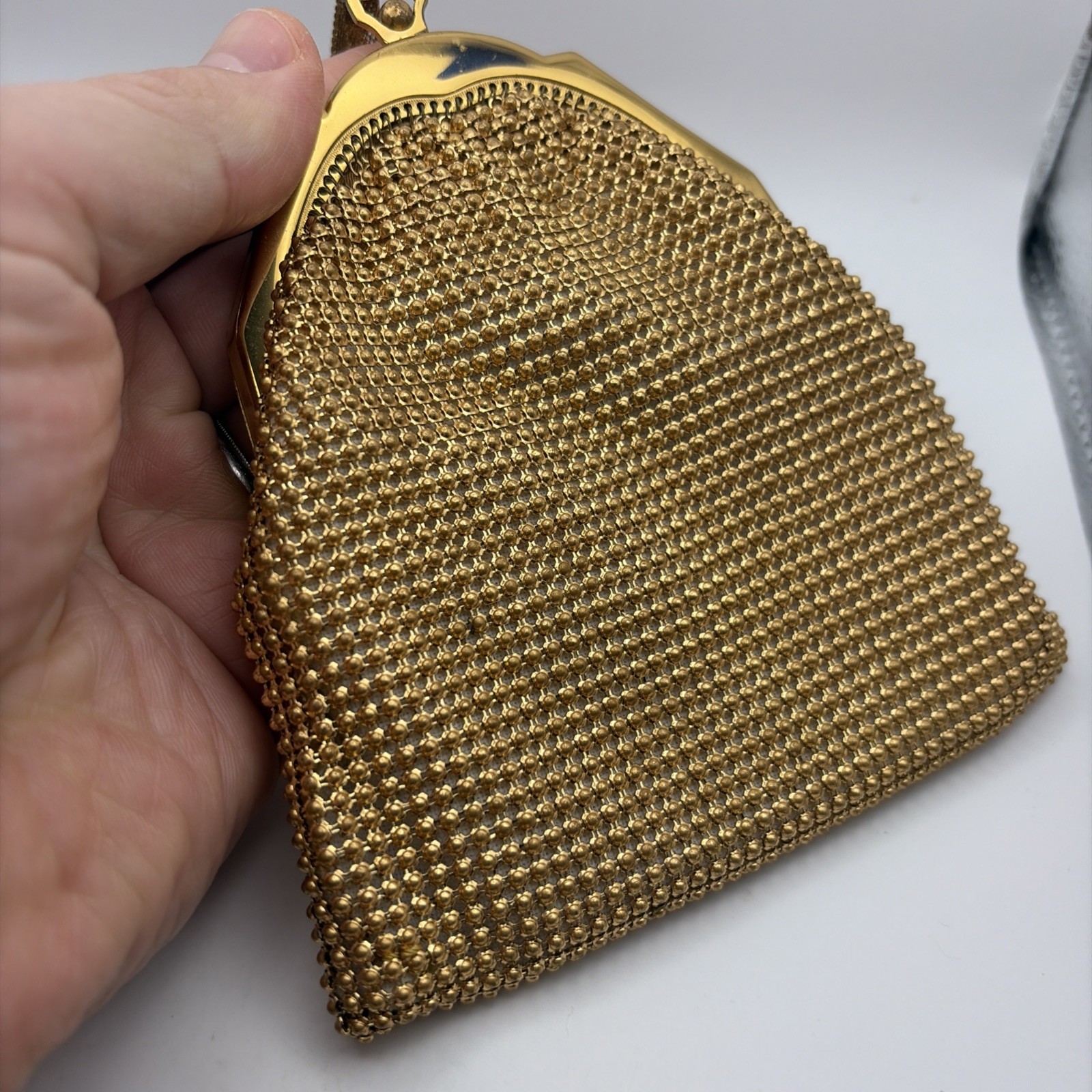 Vintage Whiting & Davis Co. Mesh Gold 5in X 5in Makeup Bag Chain + Box