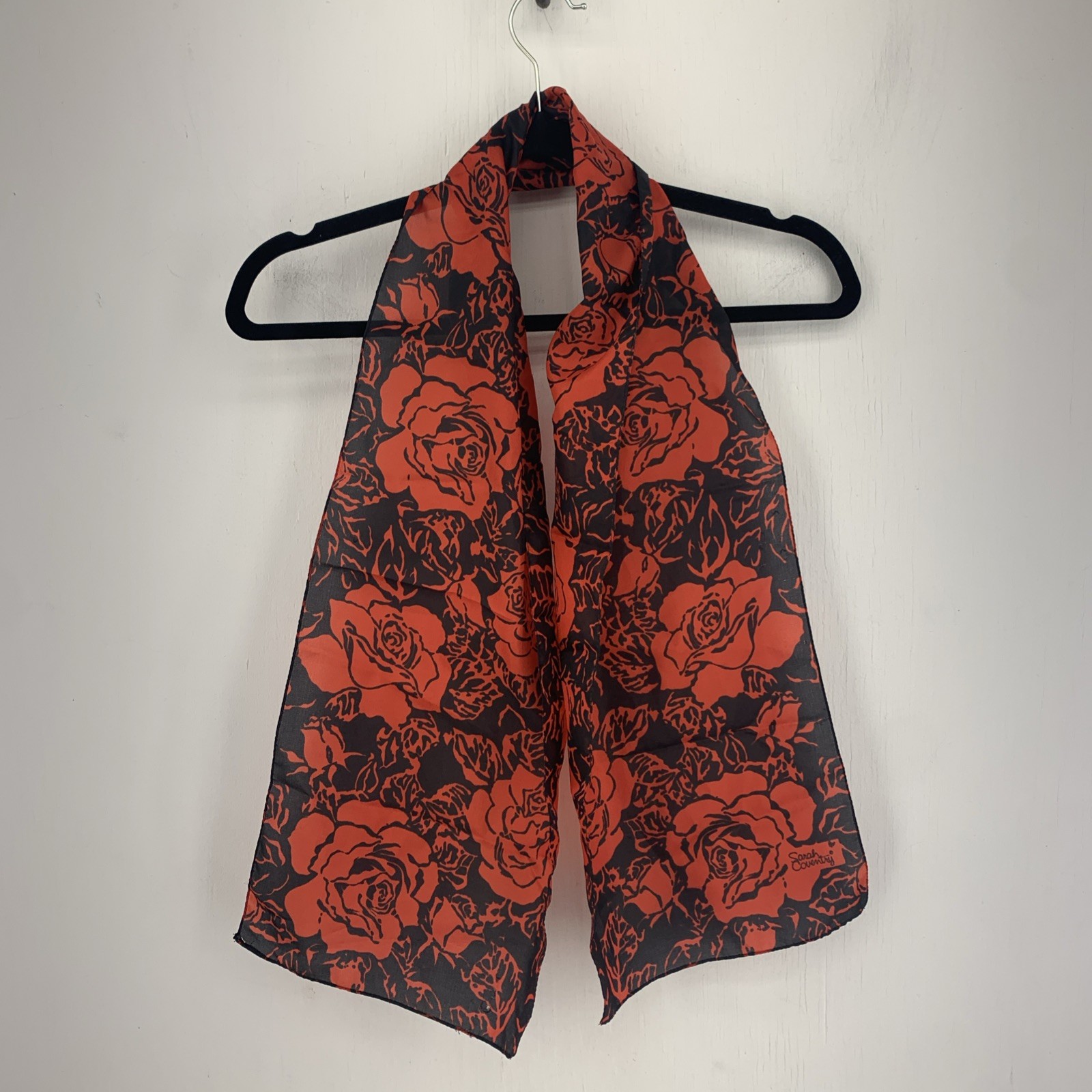 Vintage Sarah Coventry Black Red Floral Roses Scarf 52” Boho Cottagecore Holiday