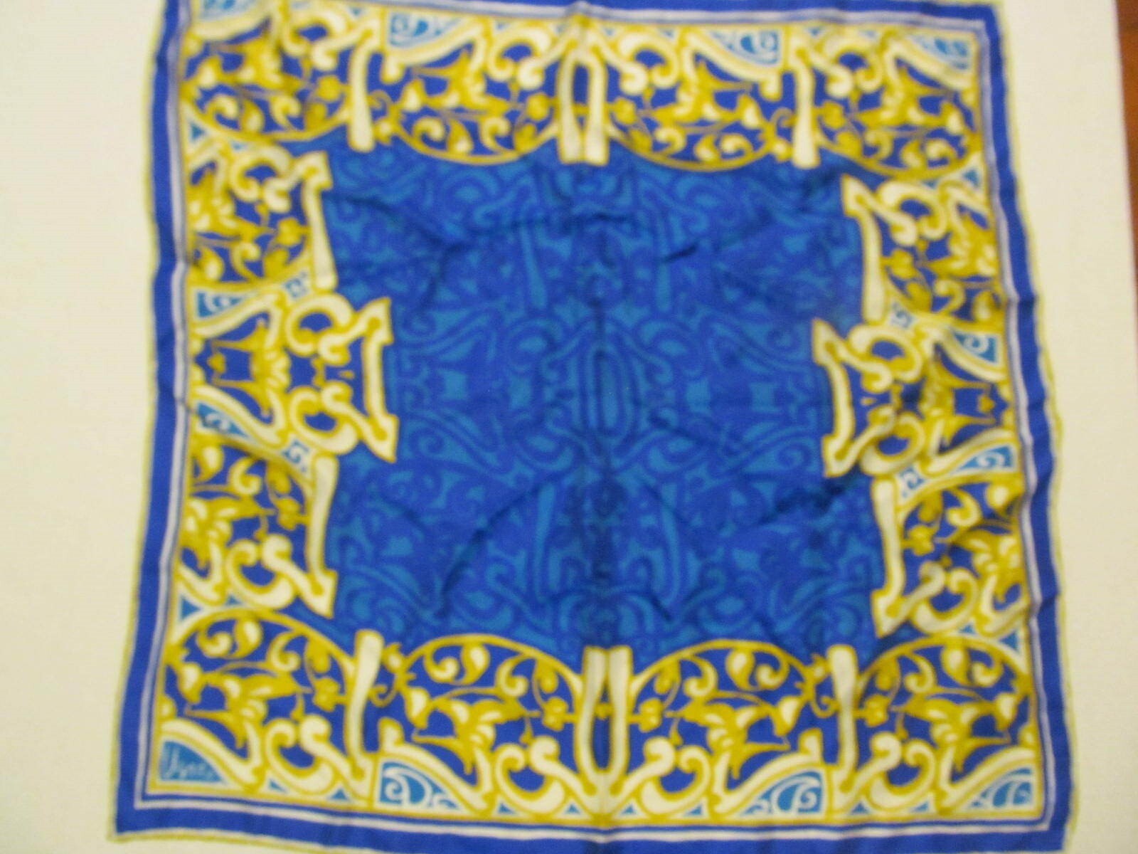 Vera Neumann Handrolled rayon& silk scarf Blue purple- yellow gold Art deco 27″
