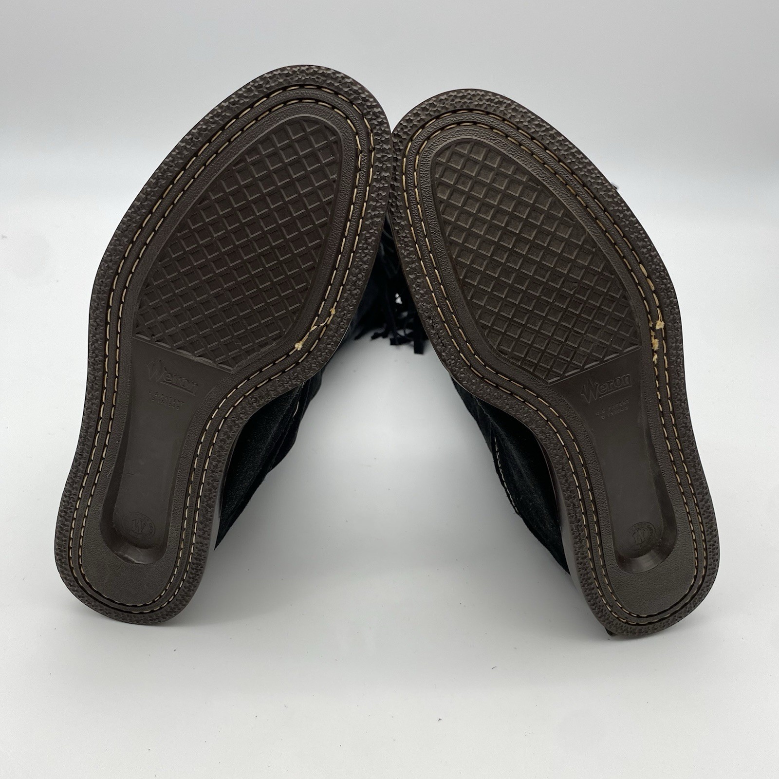 VTG HANDMADE KNEE 15″ BLACK SUEDE LEATHER FRINGE UNISEX WERON MOCCASIN BOOTS 41