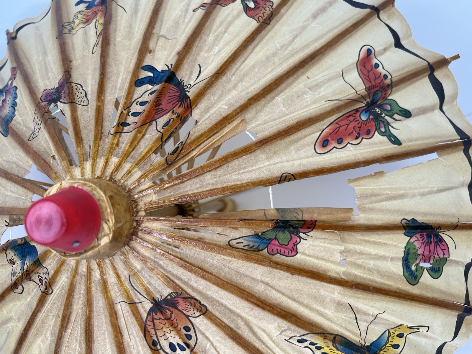 Vtg Hand Painted Chinese Bamboo Rice Paper Wood Umbrella Parasol *READ Condition