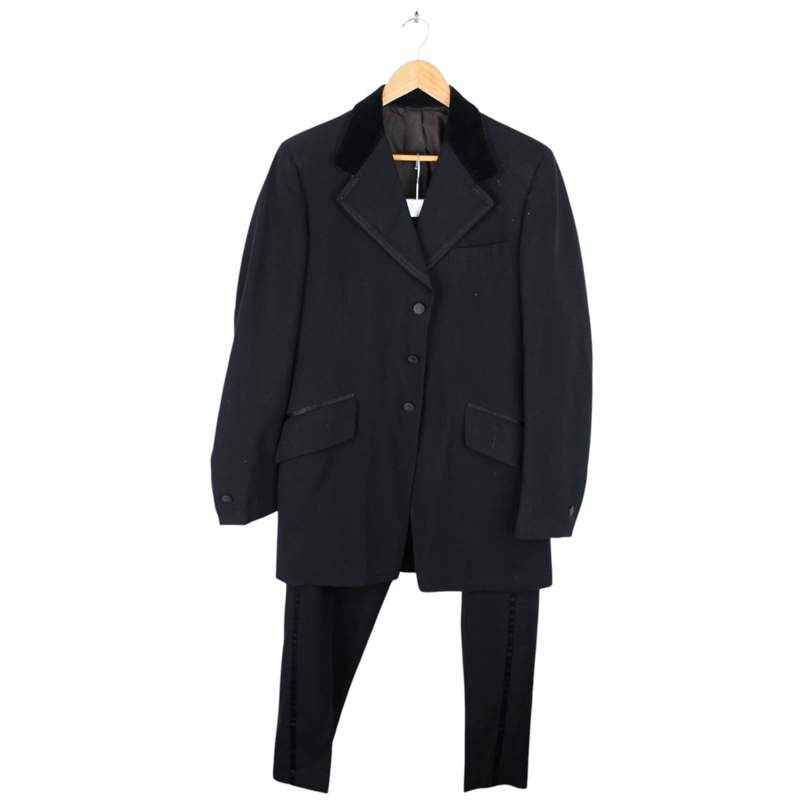 Vintage 70s Mod Black Velvet Collar Tuxedo Suit Mens 40L Satin Stripe Formal