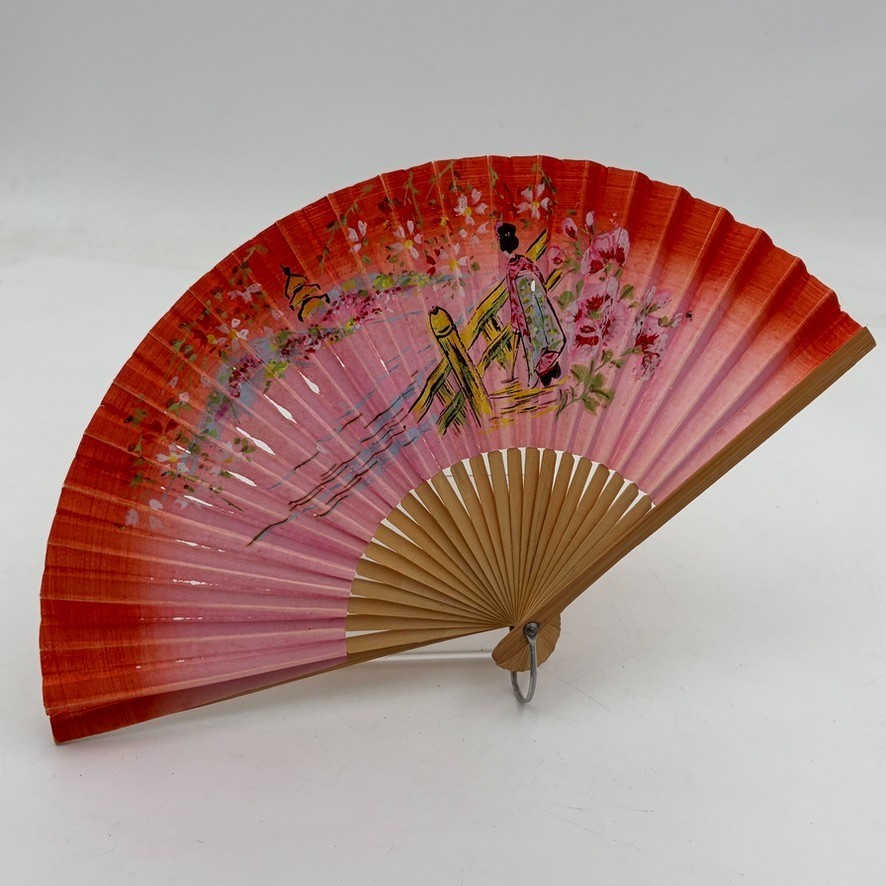 Vintage Japanese Asian Hand Held Paper Fan Delicate Floral Japan Blossom Flowers