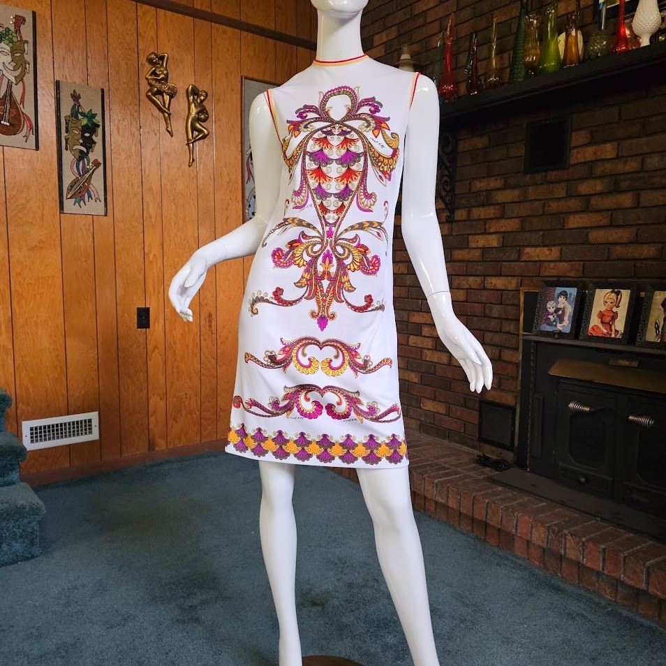 Vtg 60s Mod Go Go Psychedelic Mini Italian Geo Maximalist Saul Villa Dress XS/S