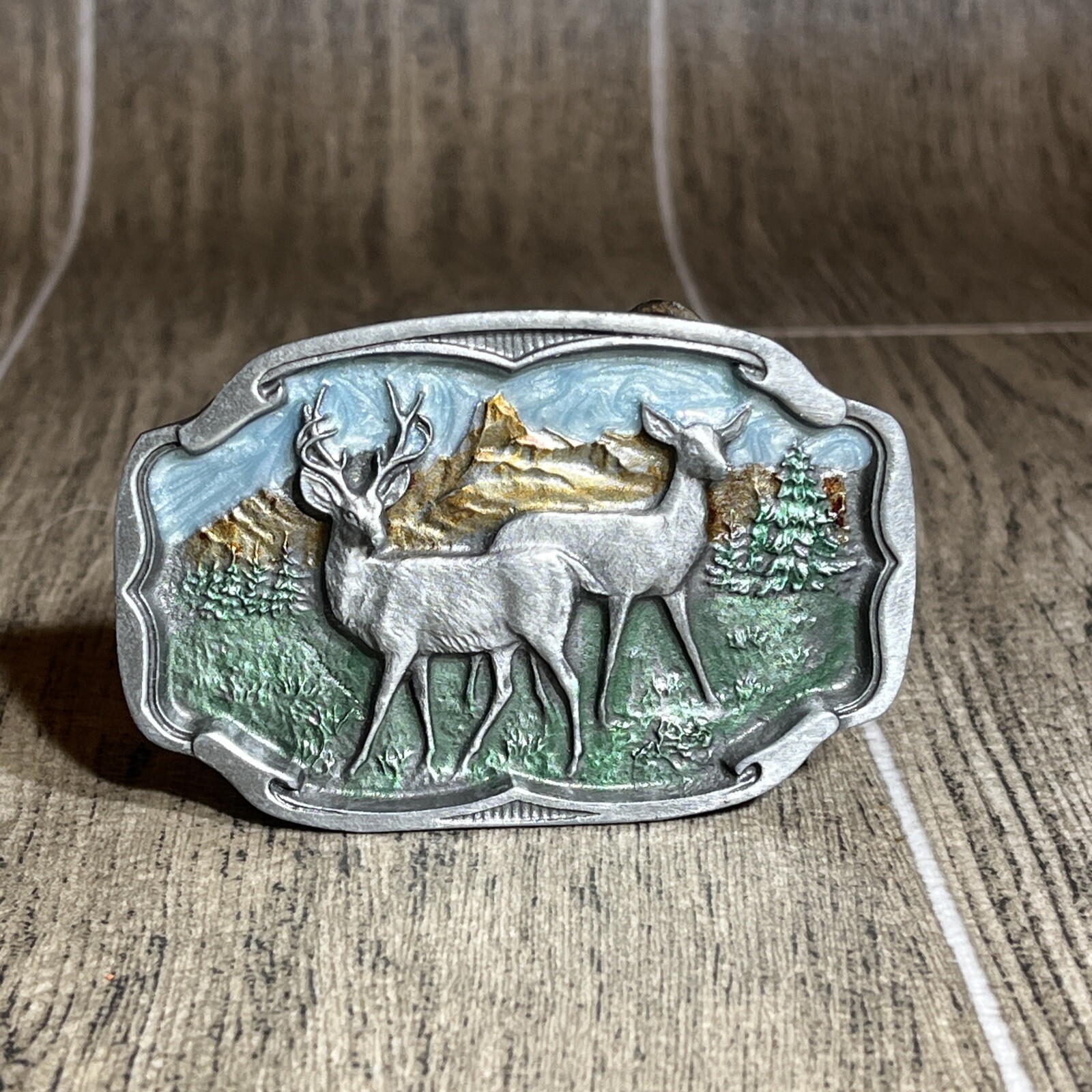 Vintage 1991 C&j Inc Deer Scene Belt Buckle No. CJ1527