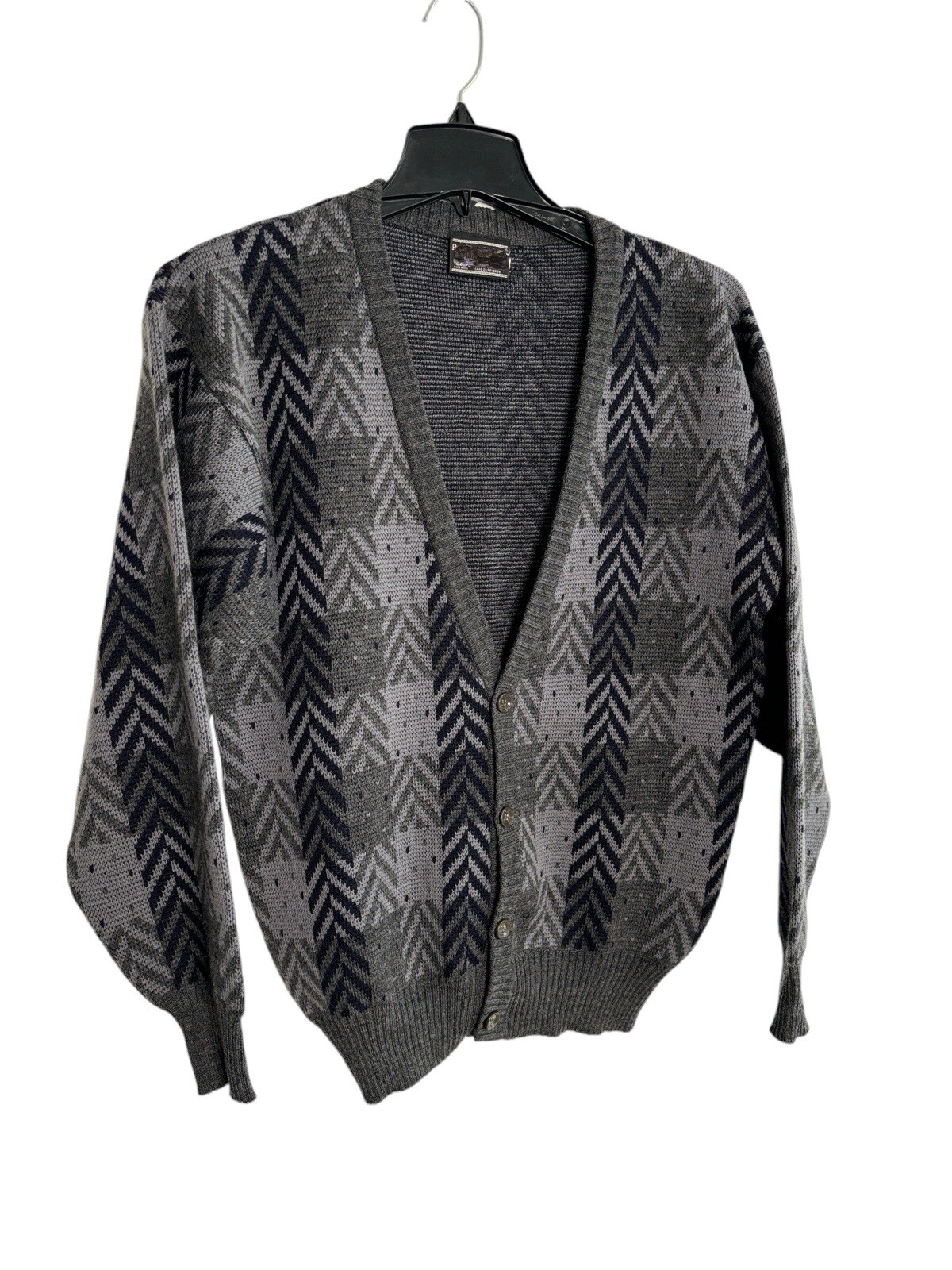VTG Mens Cardigan Sweater Geometric Grandpa Medium Pure Wool Kurt Cobain 80s 90s