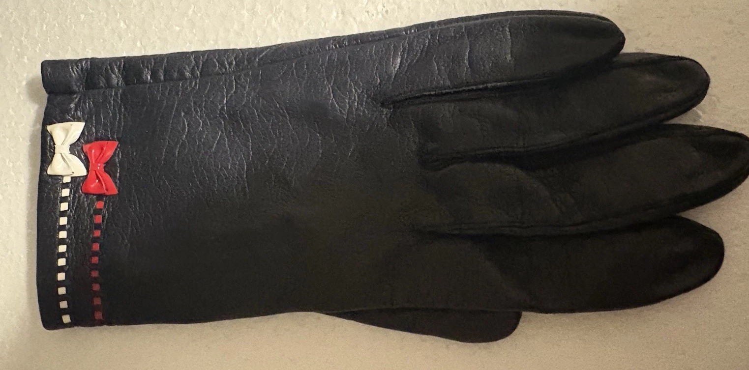Miss Aris Gloves Black Red/White Bows. Size 7. Vintage Clean No Tears Leather?
