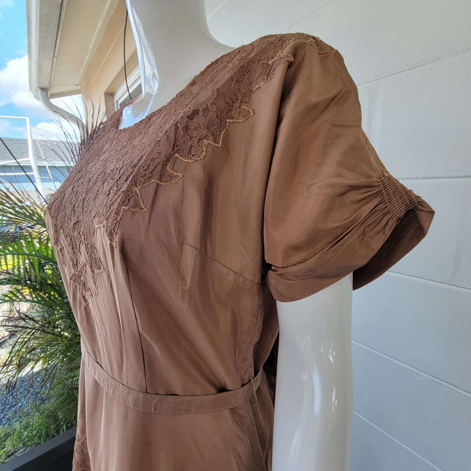 Vtg 50s Styled by Ruxton Brown Satin & Lace Fit Flare Cocktail Dress MCM S1ze 10