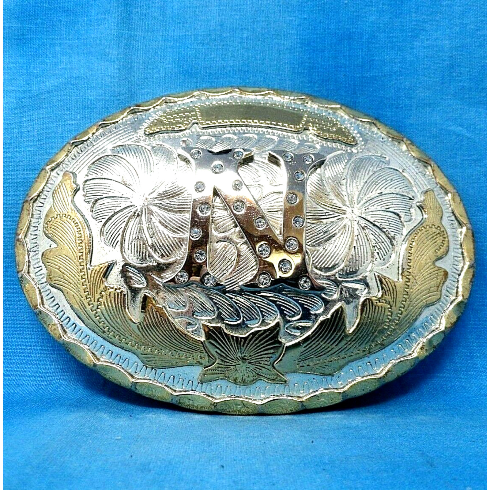 N Belt Buckle Initial N Monogram Larger Western Cowboy Rhinestones Vtg .MMR118