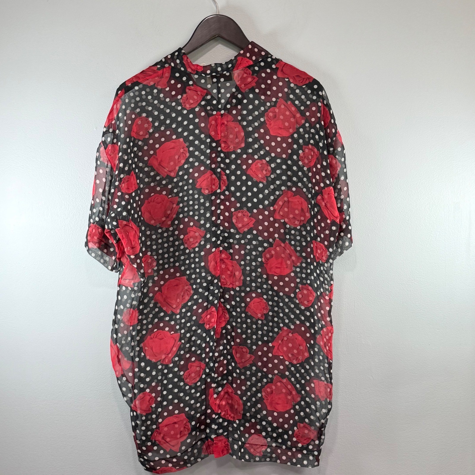 Forenza Vintage Sheer Rose Polka Dot Chiffon Button Black Red XL rockabilly