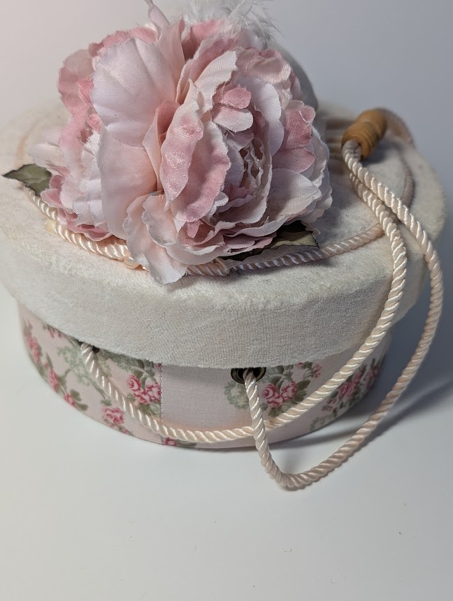Vintage Hat Box Pink Floral Pattern Design With Faux Floral and Feather Accent