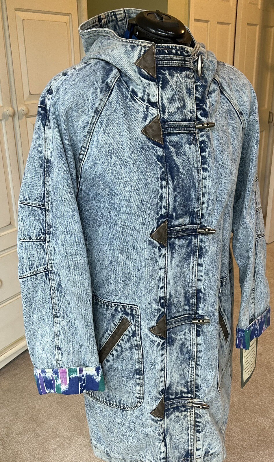 NOS VTG 1980s MULBERRY STREET Stonewashed Long Denim Toggle Hooded Coat LARGE