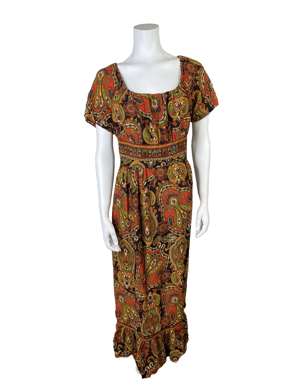 Vintage 70s DOMINO Paisley Cottage Prairie Dress Ruffle Hippie Boho Medium