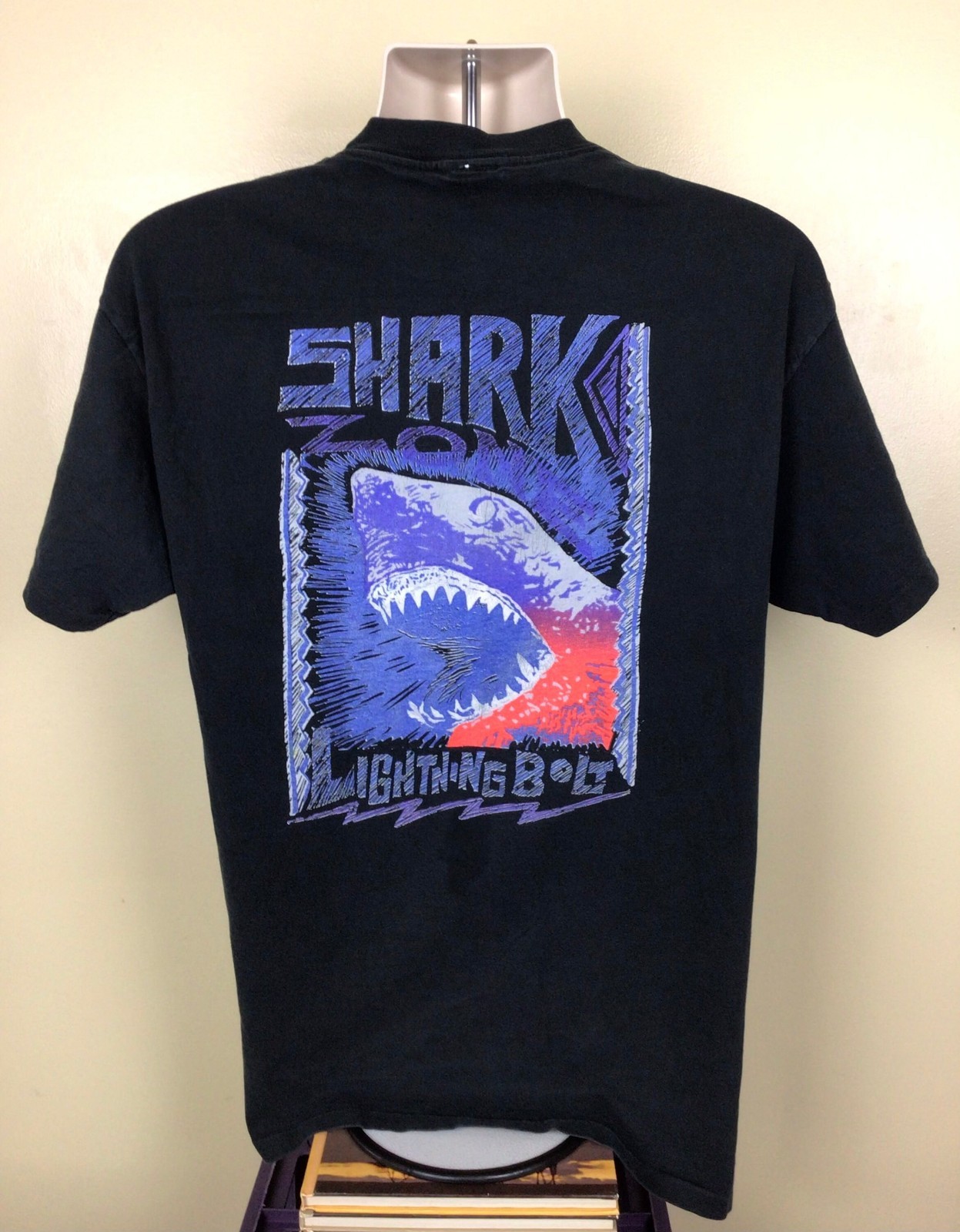 Vtg 80s 90s Lightning Bolt Shark Zone T-Shirt Black L Surf Skate Brand Surfboard