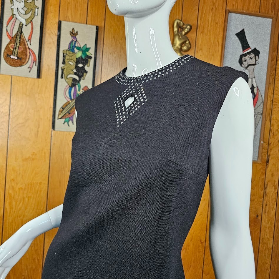 Vtg 60s Mod Space Age Rhinestone Necklace Cut-Out Diamond Mini Party Dress M/L