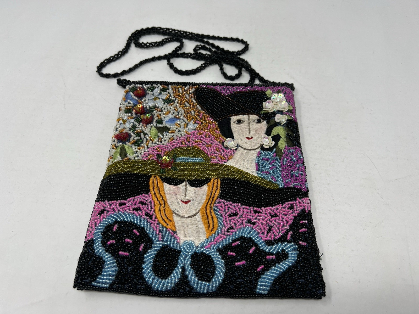 Seed Bead Purse Victorian Art Deco Ladies Flowers Black Pink Blue Small 6″x7″