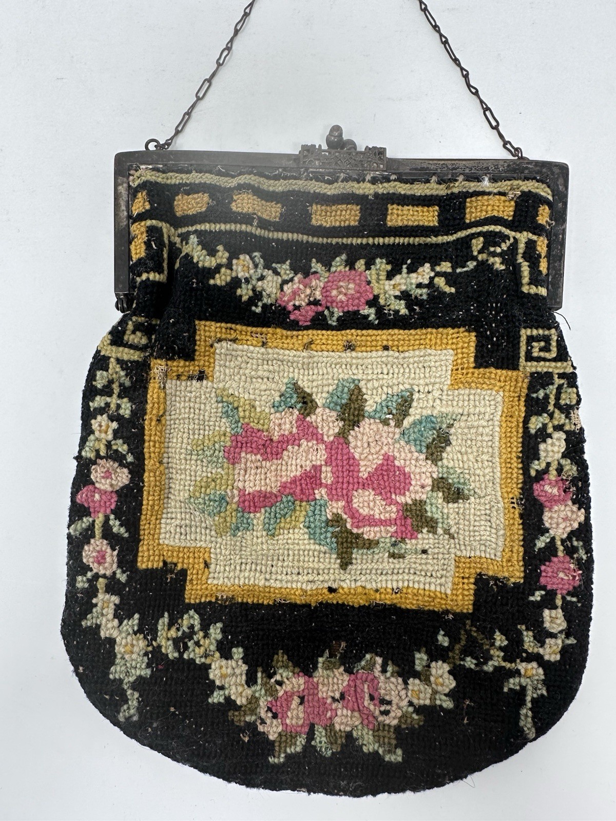 Vintage Needlepoint Tapestry Purse Floral Roses Metal Frame Victorian Revival