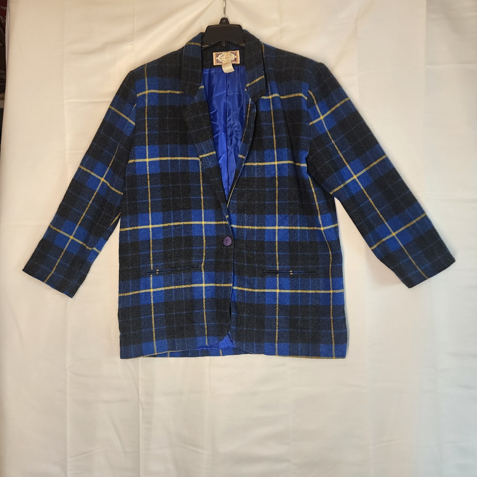 Vtg Blazer Jacket Size Large Paris Sport Club Wool Blend Blue Plaid 80s Preppy