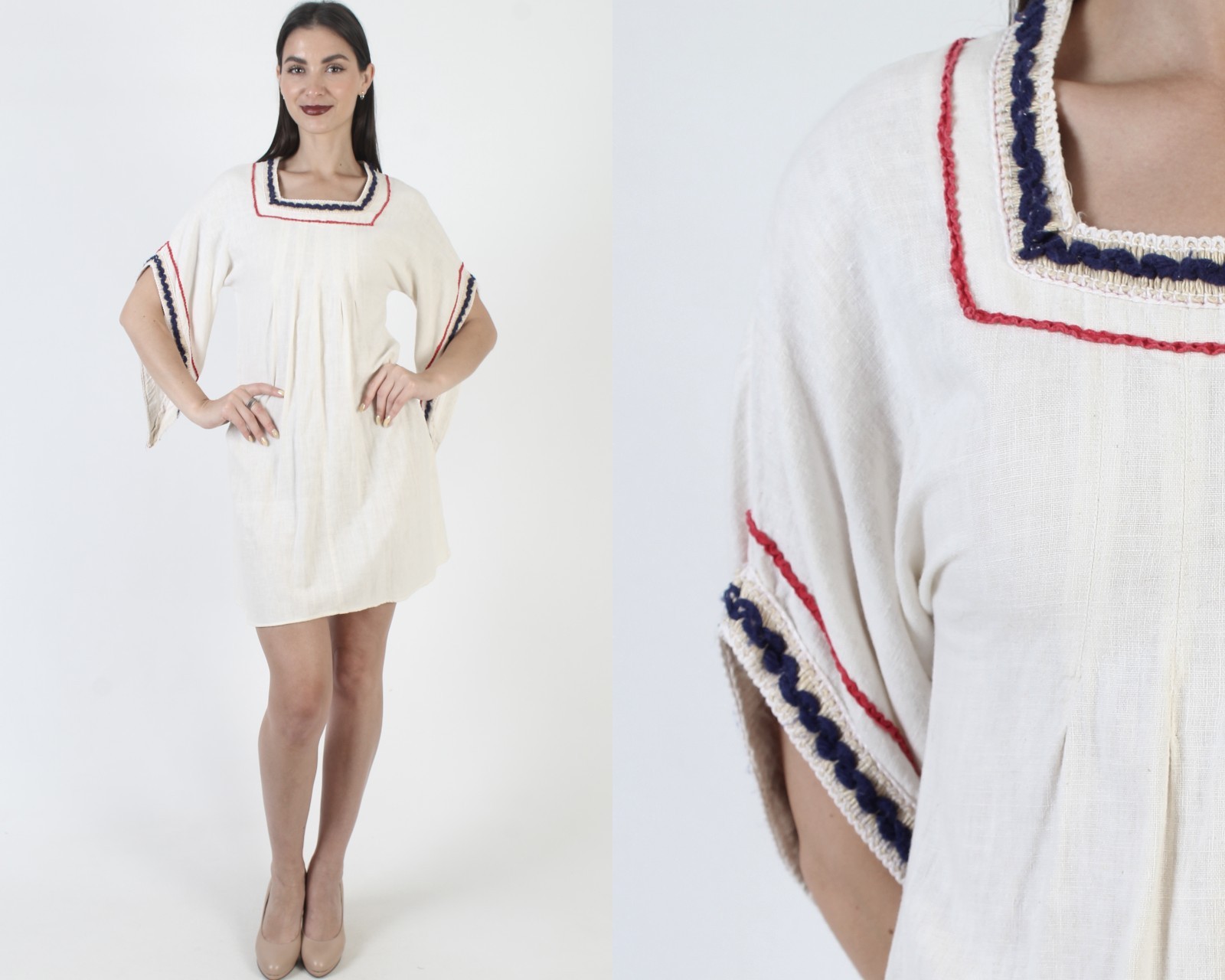 Vintage Cream Cotton Jute Dress Ric Rac Crochet Angel Kimono Slv Prairie Gypsy