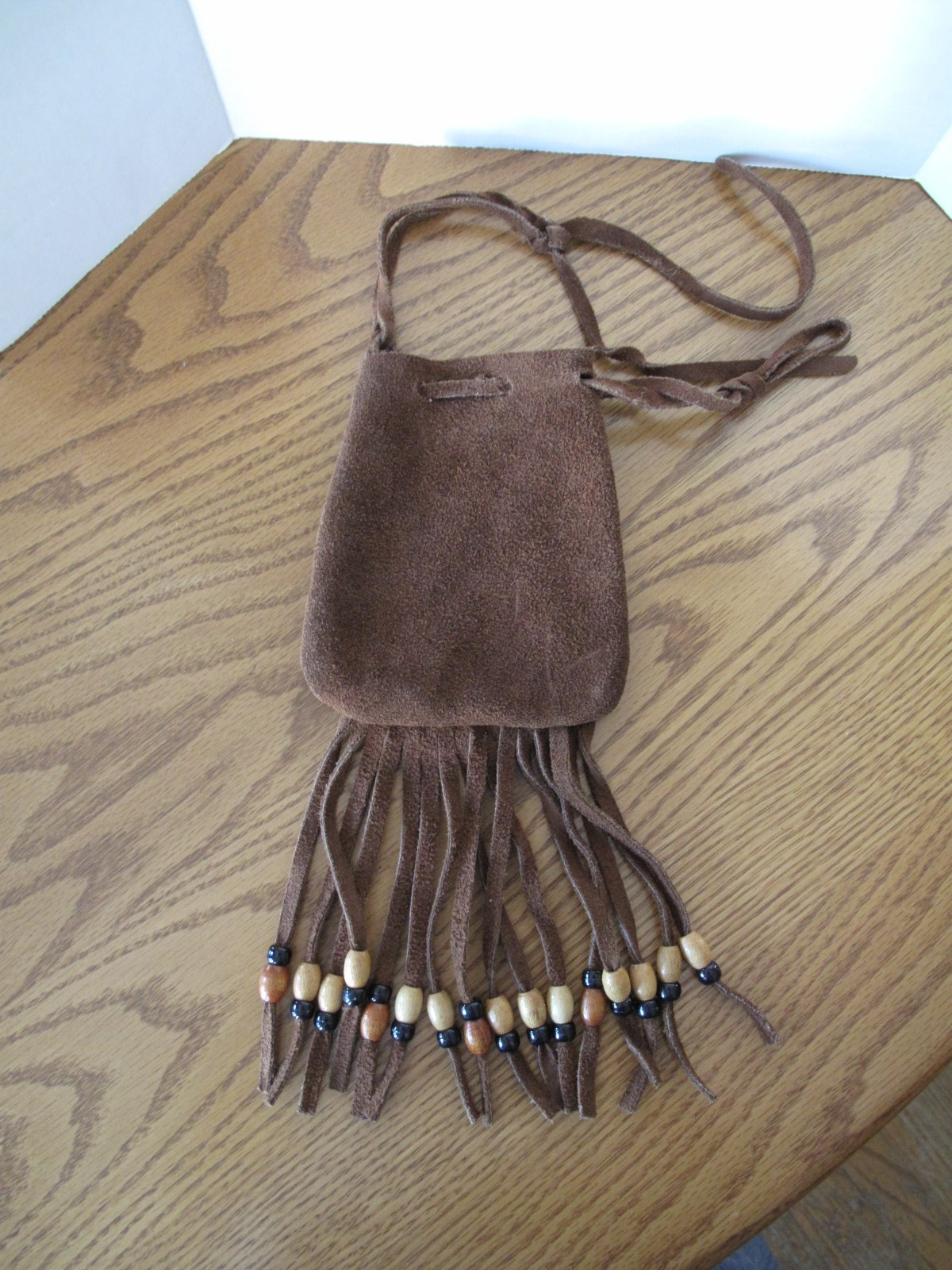Vintage Leather Mini Drawstring Bag Beaded Tassels Native American Boho Style