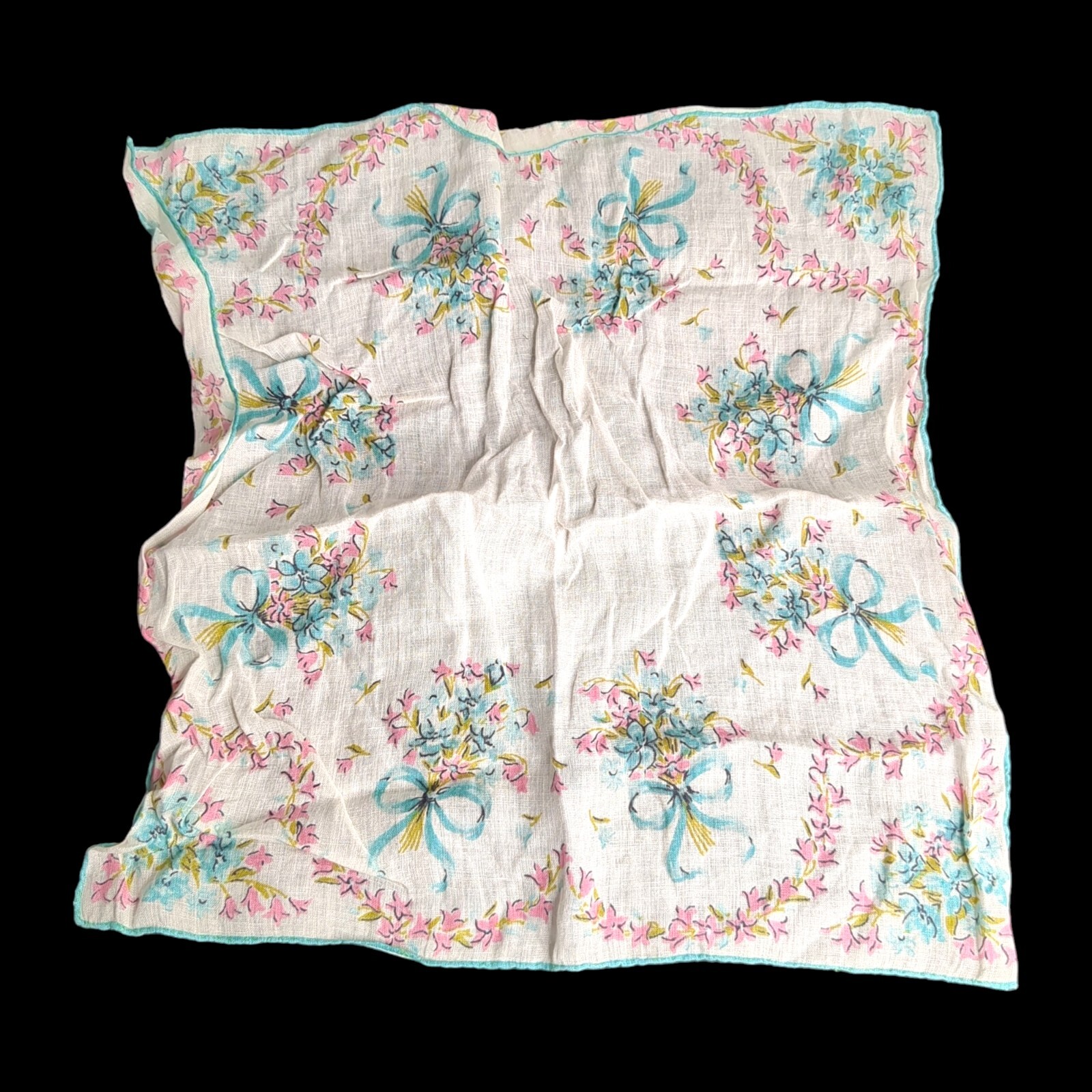 VTG Hanky Handkerchief White Linen with Blue and Pink Flowers Bows 12” Wedding