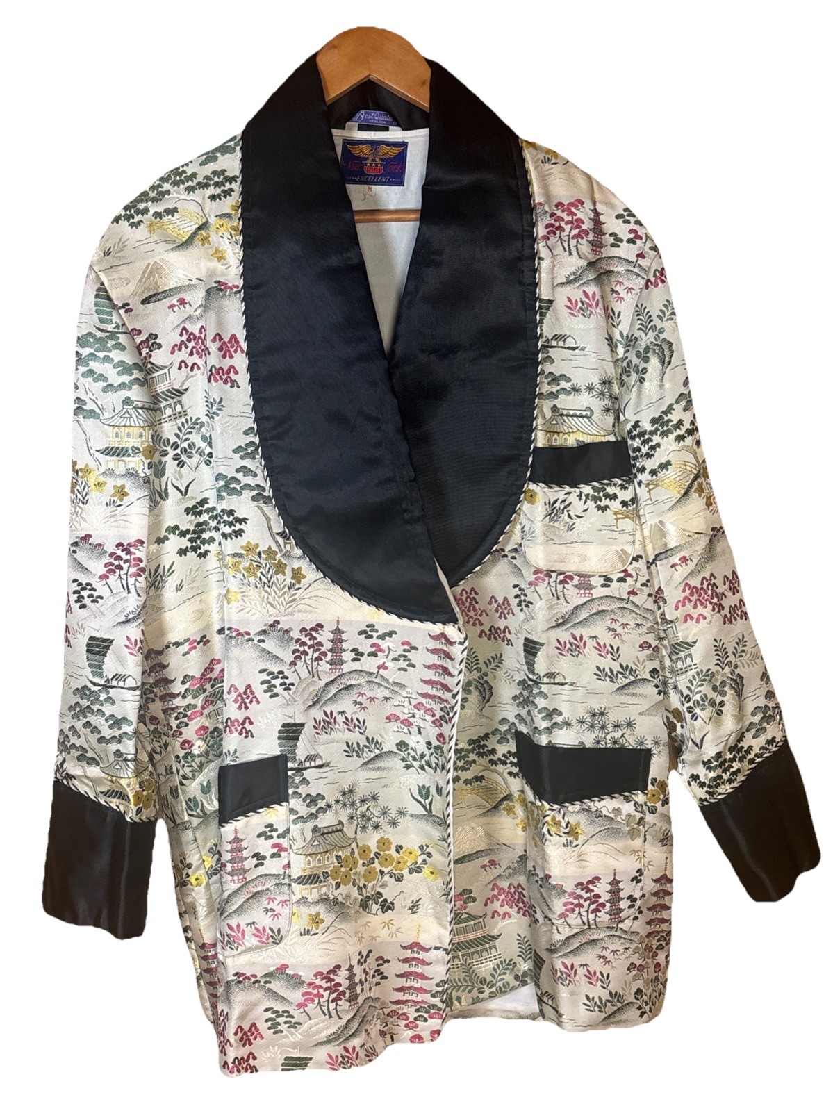 Vintage Smoking Jacket Black Shawl Collar Asian Landscape Print Size M/L