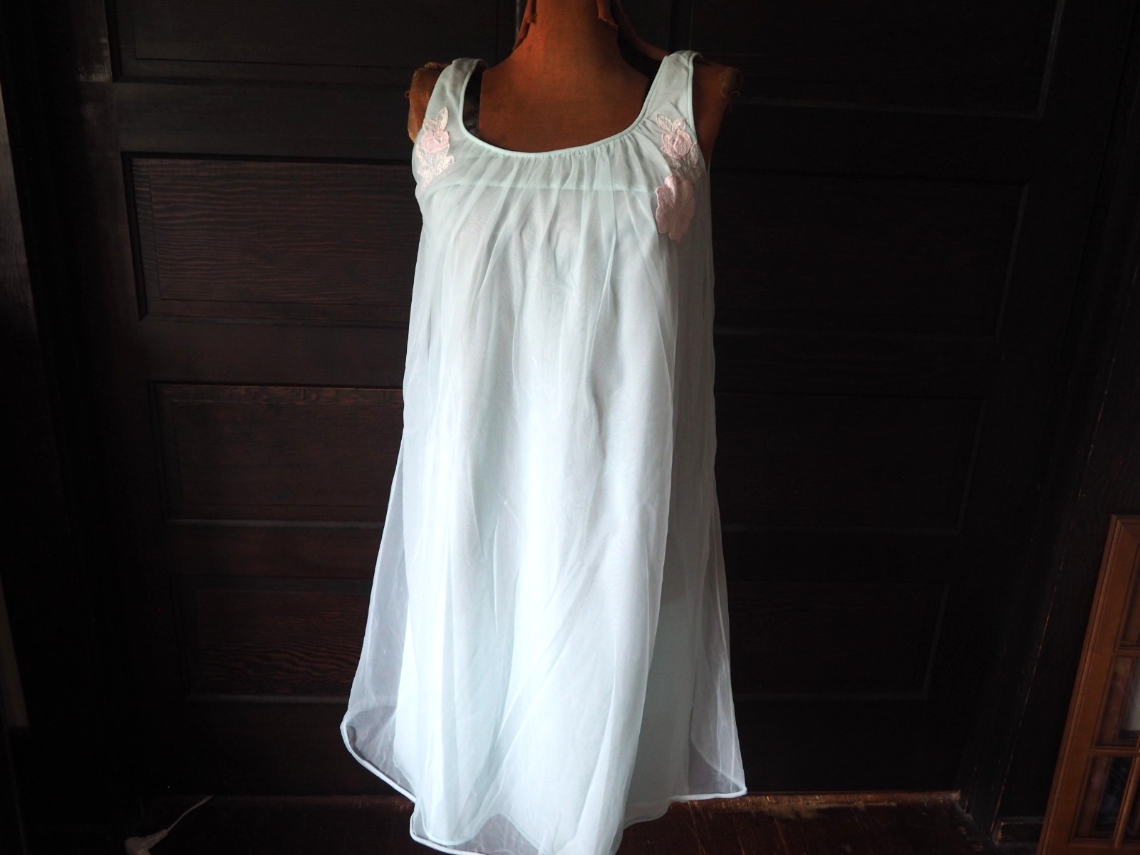 VTG 50s 60s Lorraine Small Sky Blue Floral Poly Acetate Lace Slip Lingerie Top M
