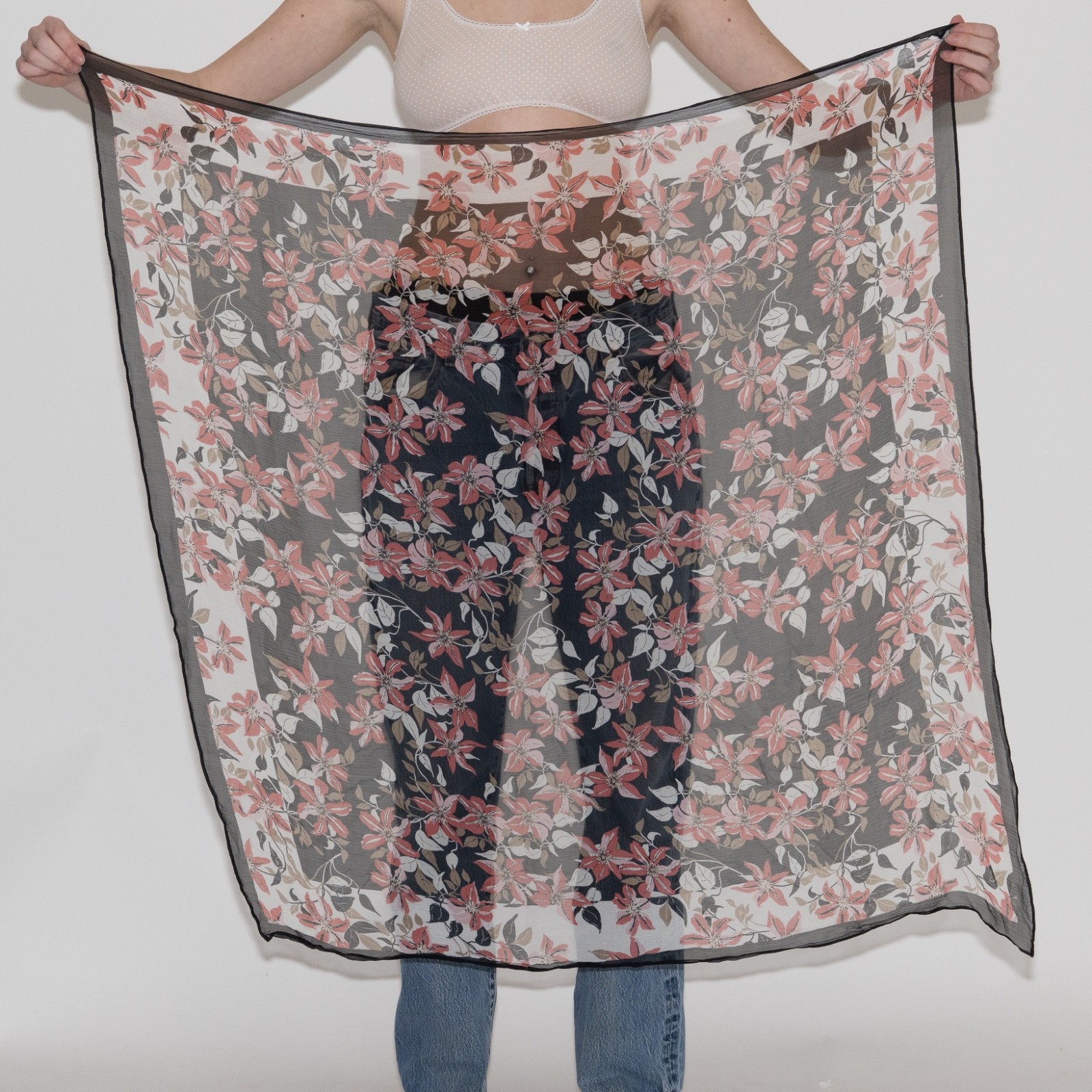 Vintage flower print mesh scarf pink black and white 39″ by 39″