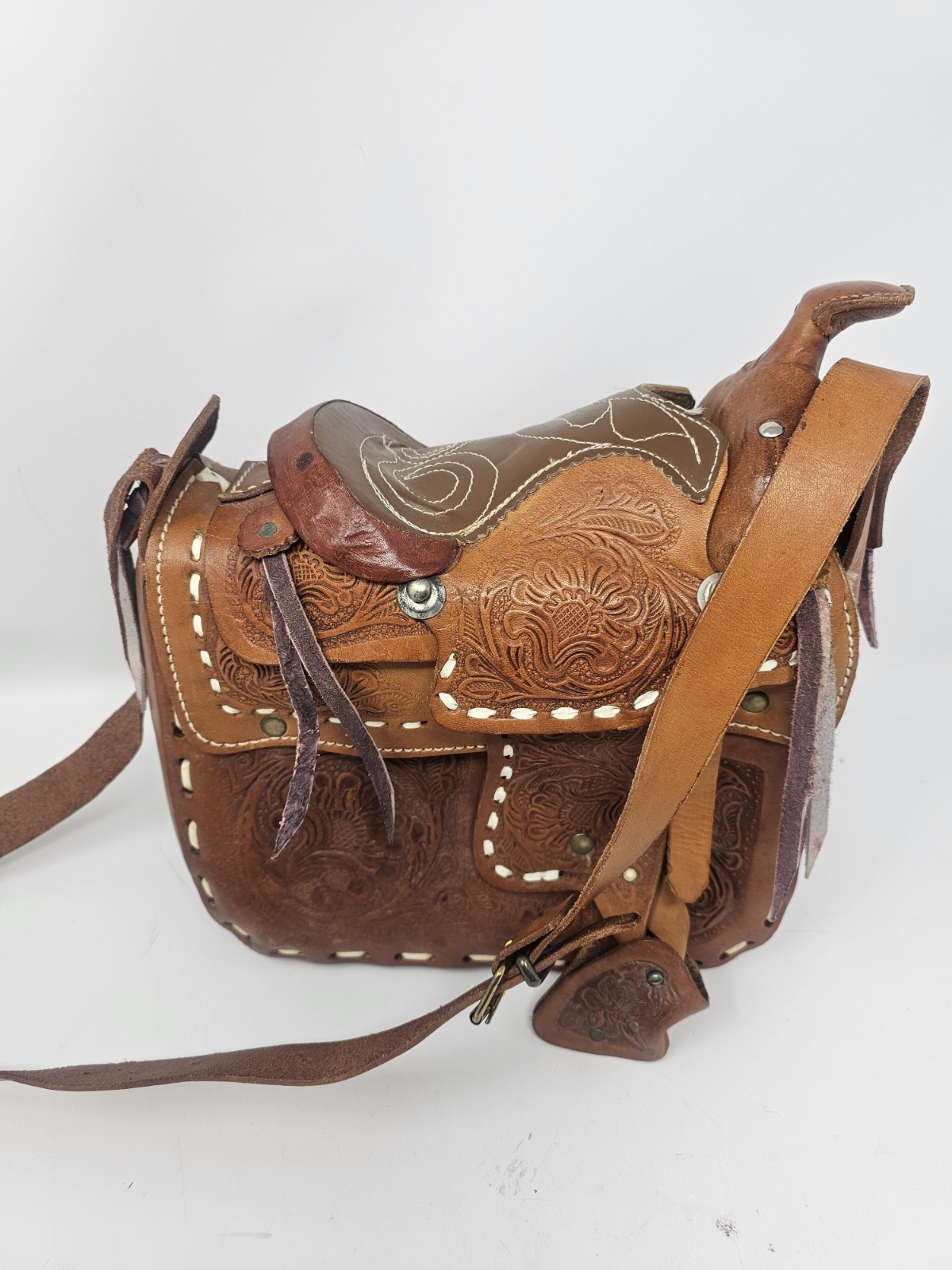 Vtg Mexican Tooled Leather Saddle Purse Handbag Western Boho Rockabilly Tooled