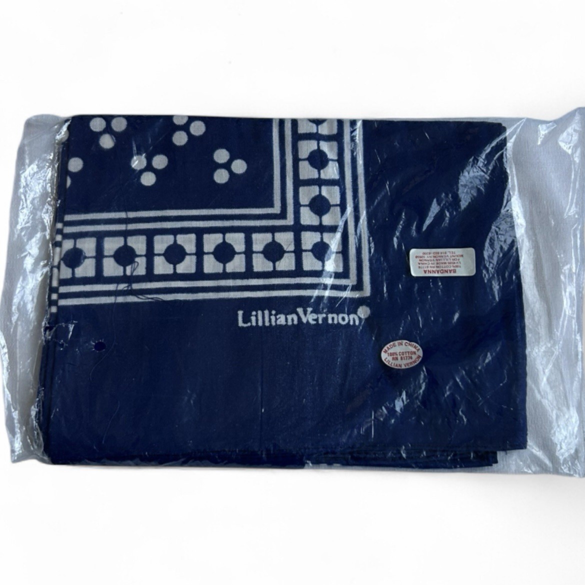 Vintage Lillian Vernon Navy Blue White Dot Cotton Bandana Scarf NOS New Sealed