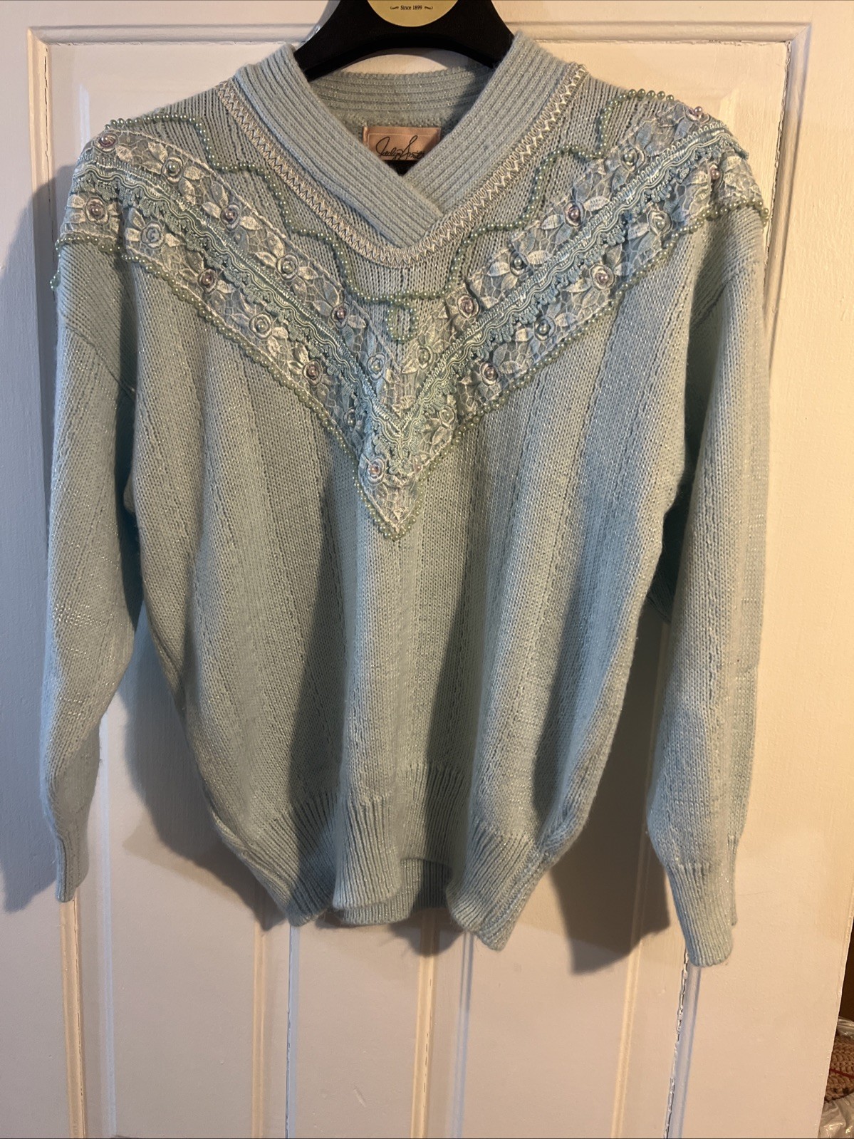 VTG 80s Powder Blue Pearl Lace Detail Sweater 1980s Womens Small
