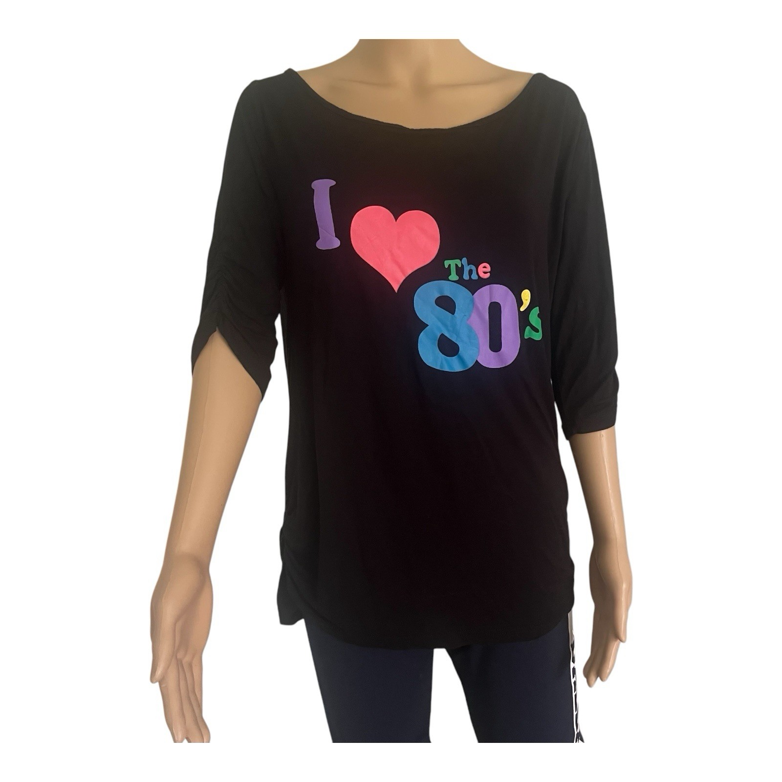 Vintage casual black top shirt L scooped neck graphic I Love The 80’s 3/4 sleeve