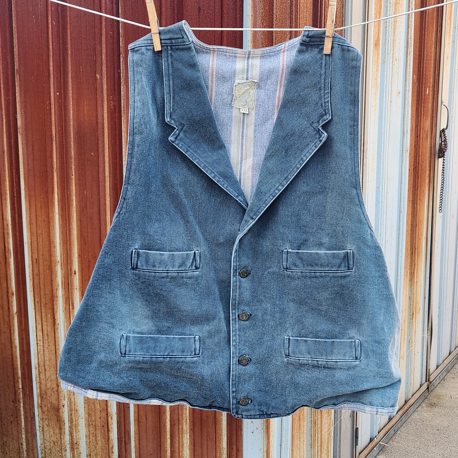 Vintage Wah Maker Denim Vest XXL Lined Western Clinch Back Distressed As-Is