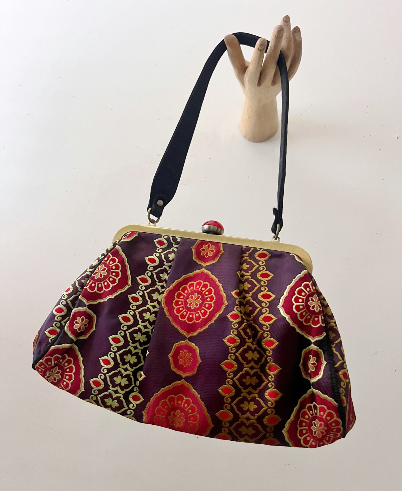 Vintage Silk Medallion Print Handbag Purse Burgundy Cherry Green Snap Clasp