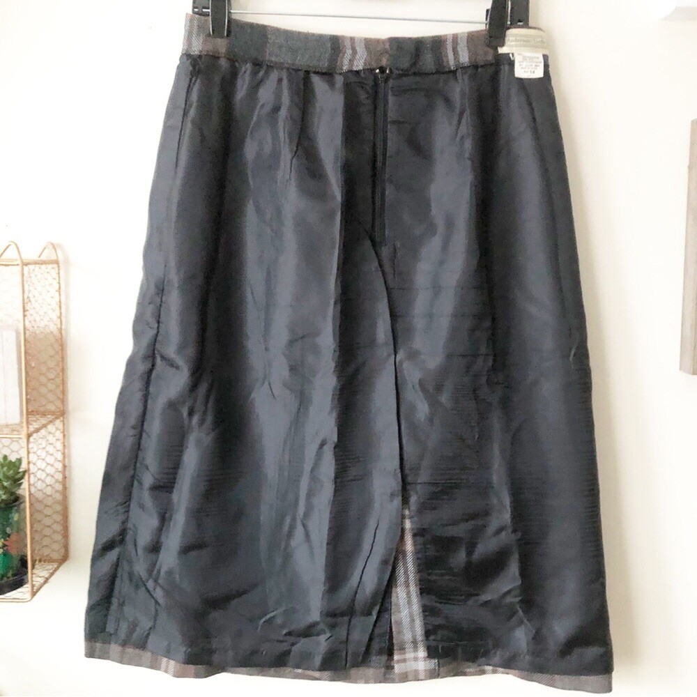 Vintage 80s Anderson Little Wool Blend Gray Plaid A-Line Midi Skirt