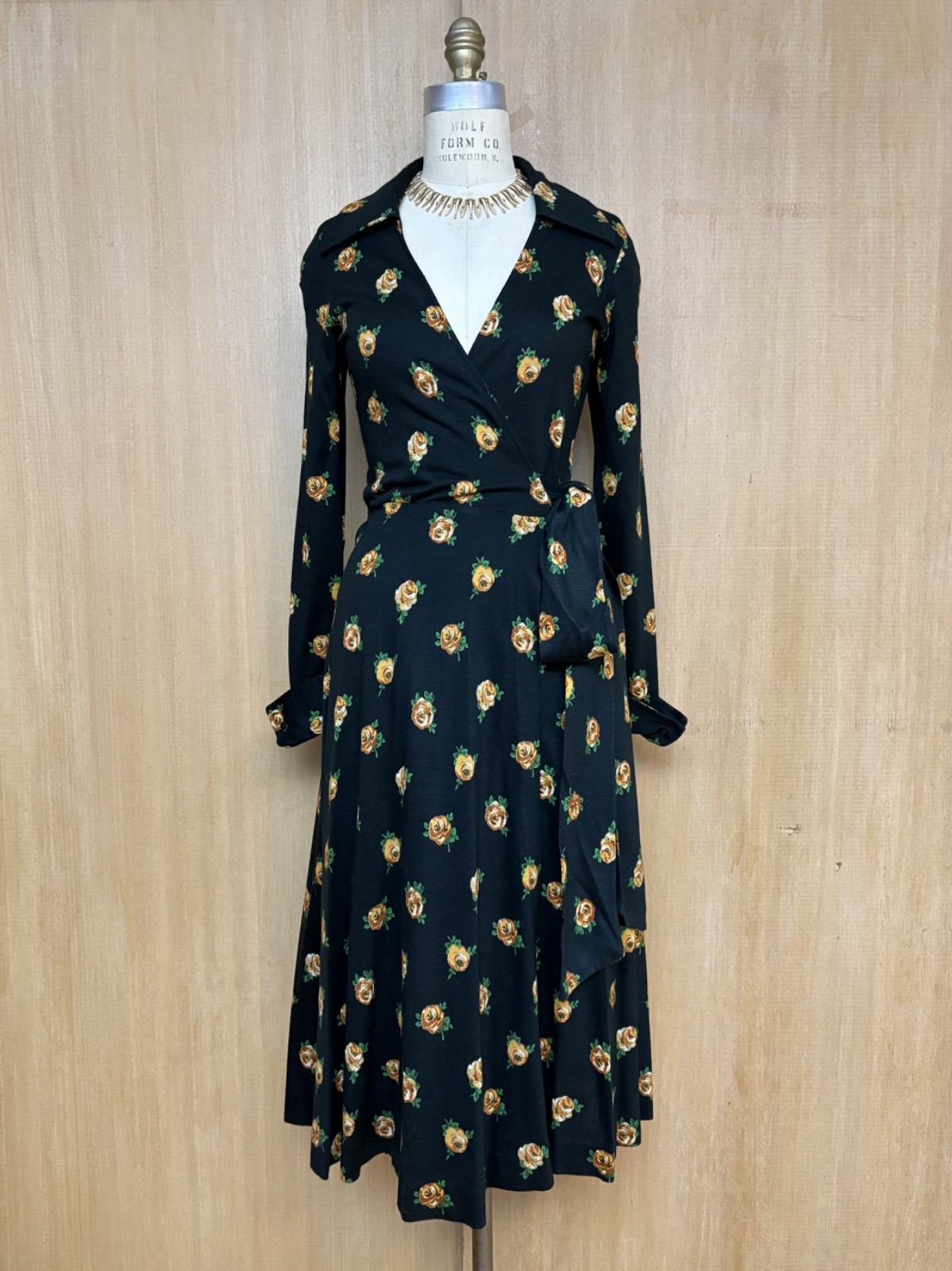Vintage 1970s Diane Von Furstenberg DVF Black Floral Jersey Wrap Dress S