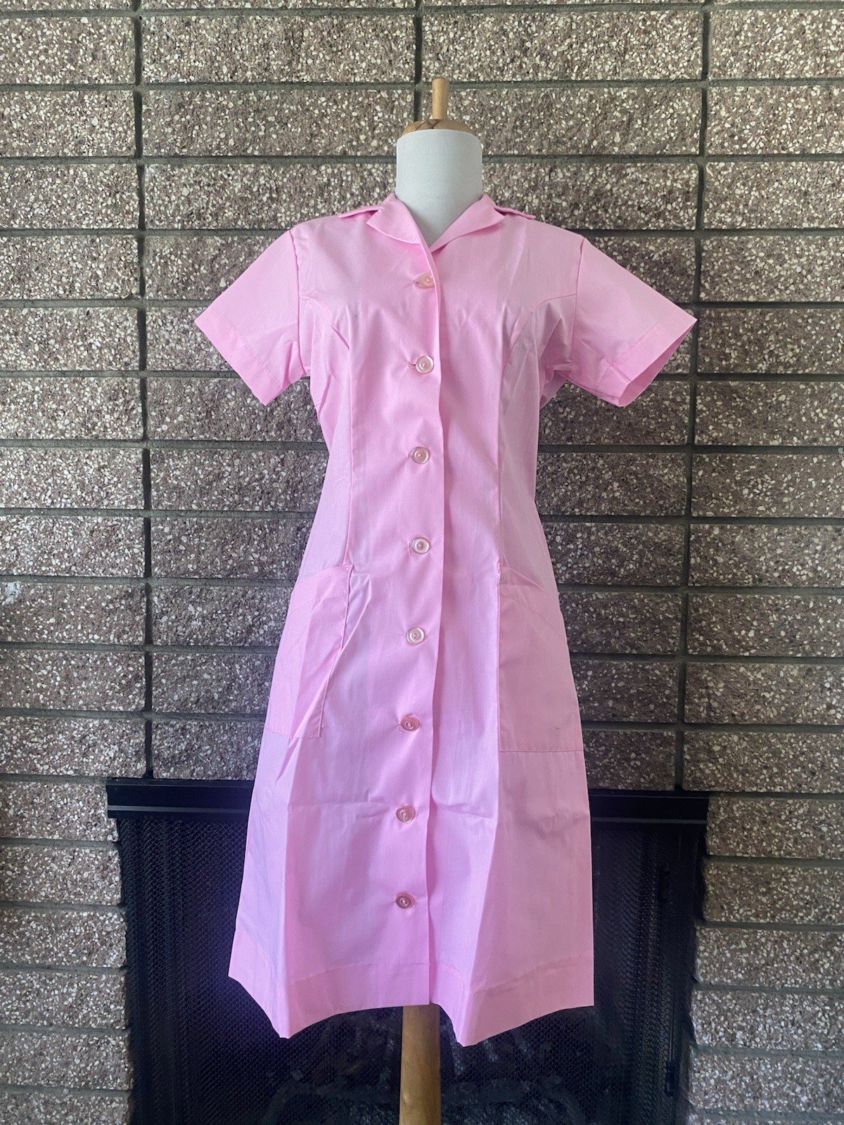 Vintage Pink Utility Dress Button Up Pockets 1960s 1970s Shift Dress