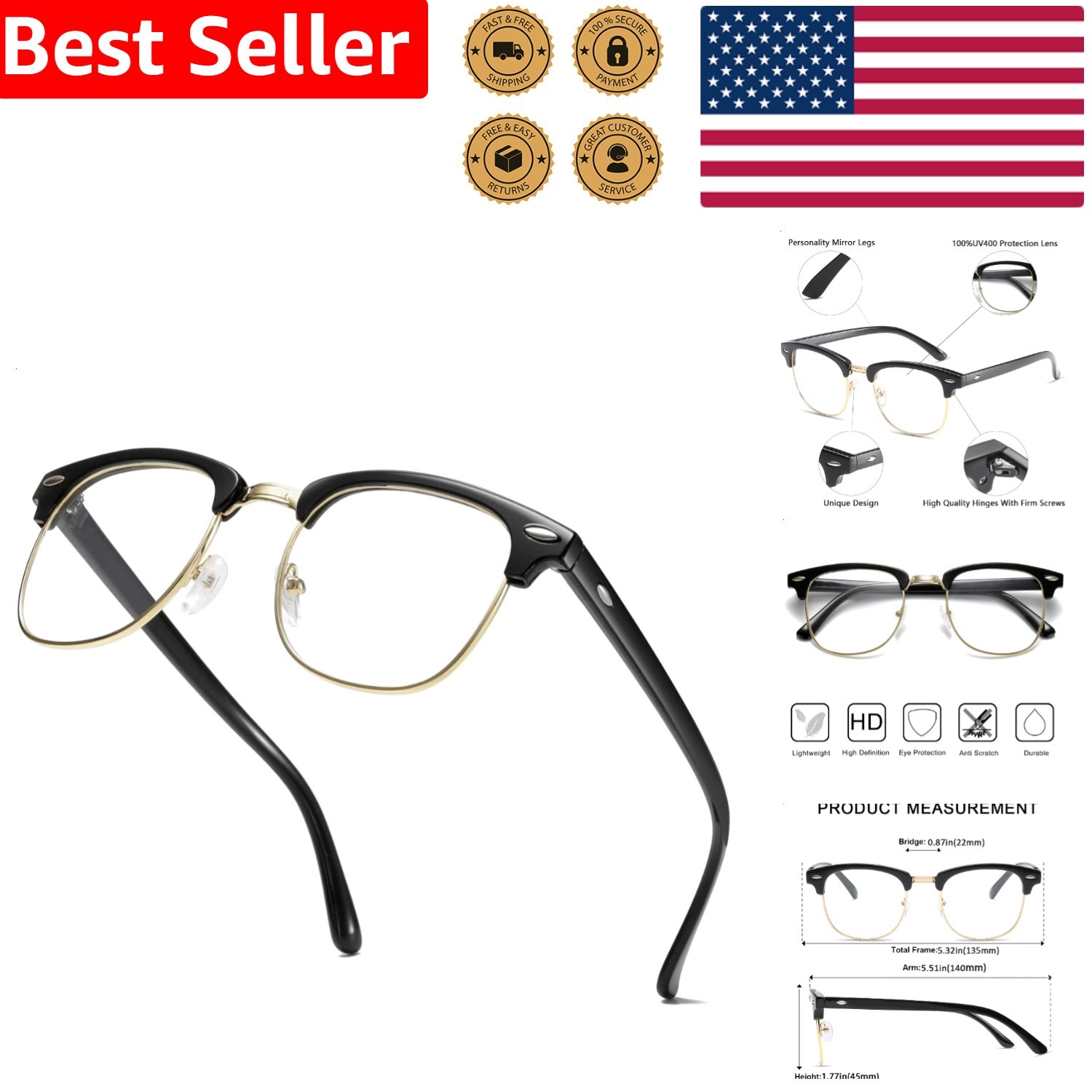 Retro Gold Half Frame Eyeglasses Womens Stylish Clear Vision Prescription Ready