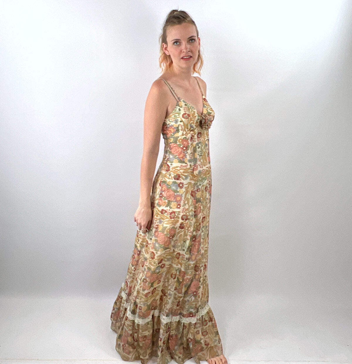 70s Maxi Sun Dress Vintage Floral Gauze Festival Cottagecore Gunne Sax Style