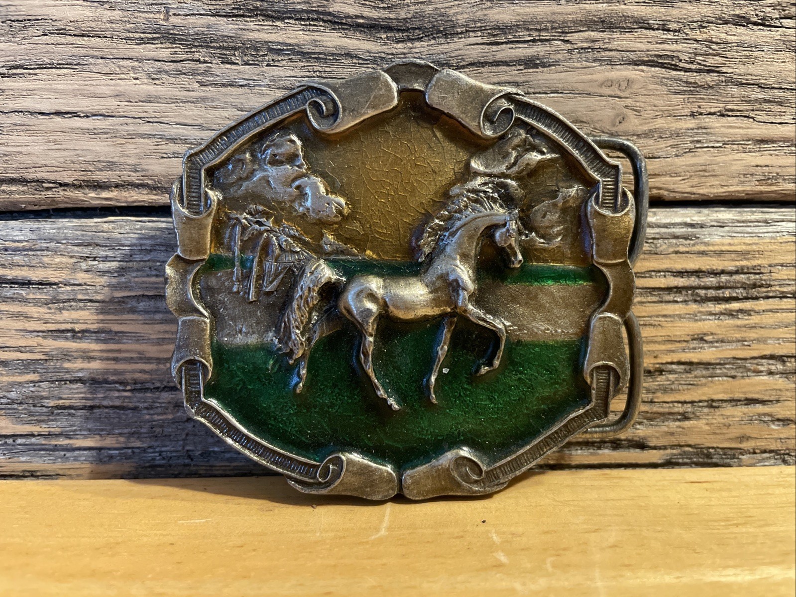 Horse Standing Green Enamel Belt Buckle 1976 by Froz’n Color Vintage Bergamot
