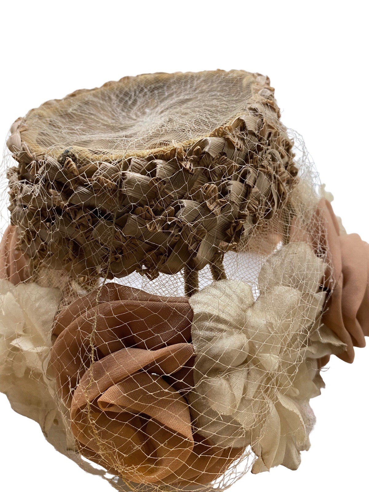 vintage floral hat with lace netting beiges