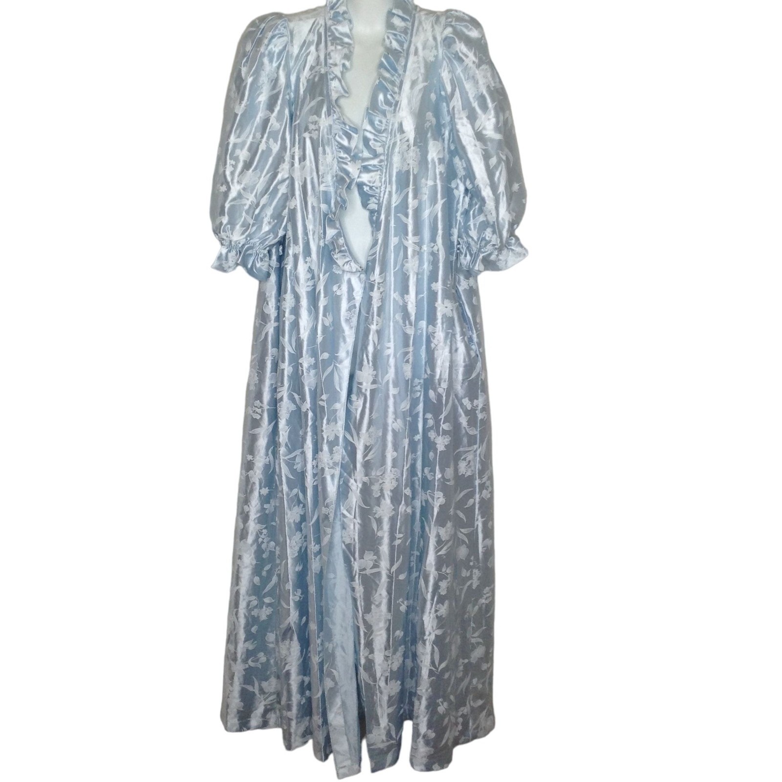 Vintage Womens 80’s Miss Elaine Blue Satin Floral Robe Style 6435 Size Medium