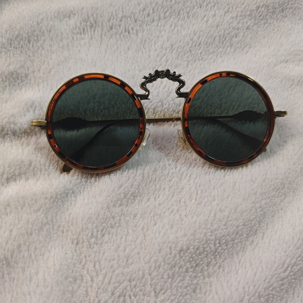 Vintage Chinese Crystal Round Copper Brown Frame Eyewear Dark Lens Sunglasses