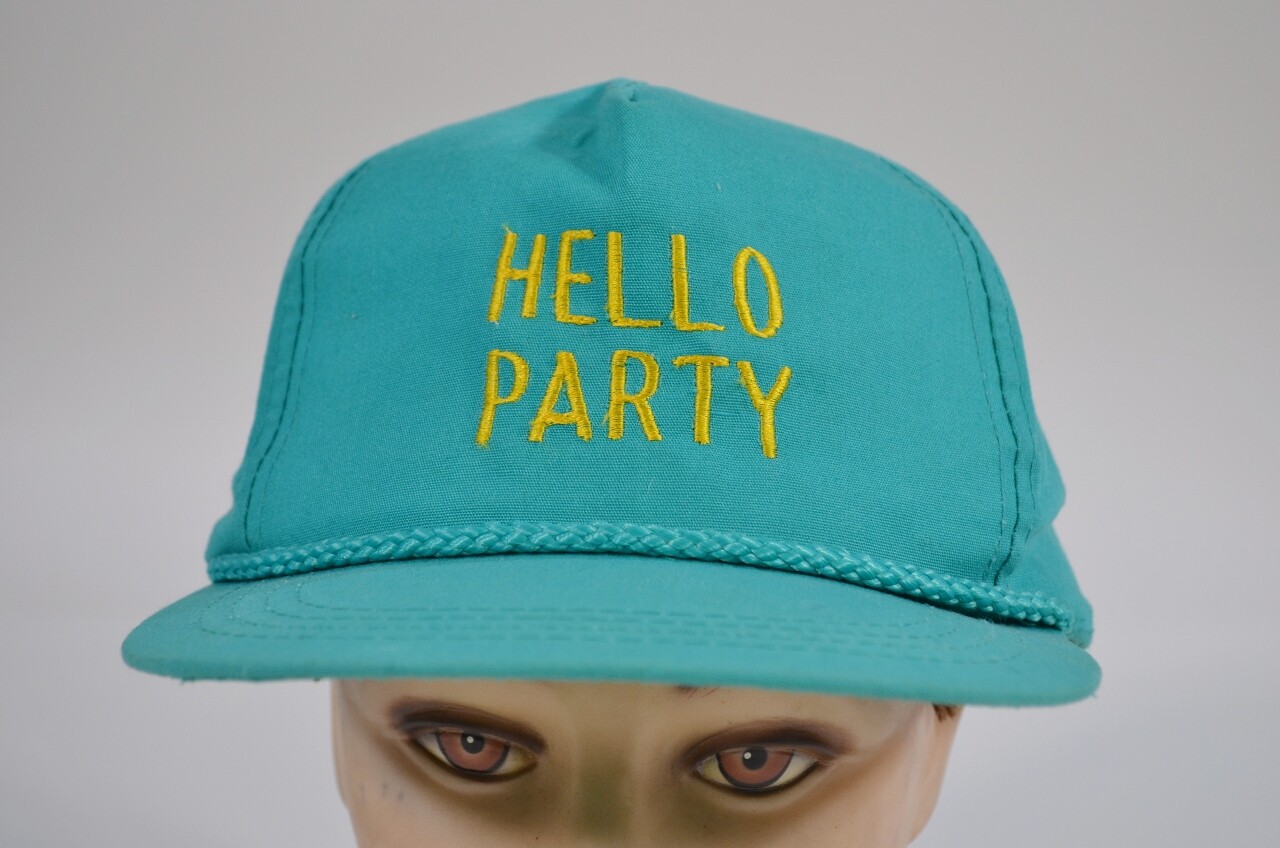 VTG 80s 90s Hello Party Funny Blue Green Teal Rope Hat Baseball Cap Snapback